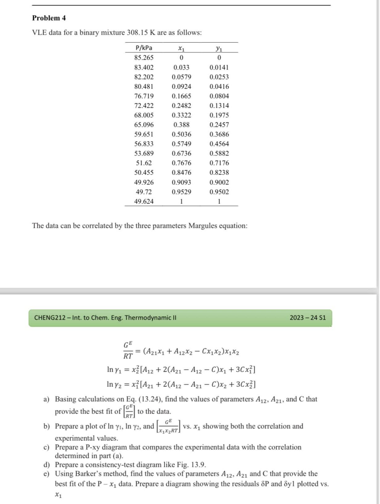  Problem 4 VLE data for a binary mixture 308.15K are as