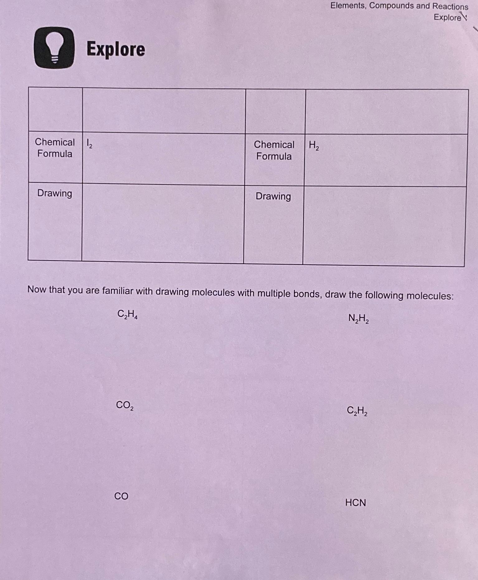  Elements, Compounds and Reactions Explore y Explore \table[[,,,],[\table[[Chemical],[Formula]],I2,\table[[Chemical],[Formula]],H2 