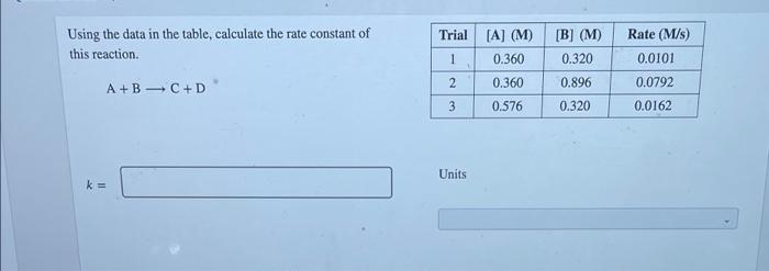  Trial Using the data in the table, calculate the rate constant