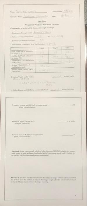  VAT Onte 1 Data Sheet Volumetric Analysis- Acid-Base Titration Concentration of