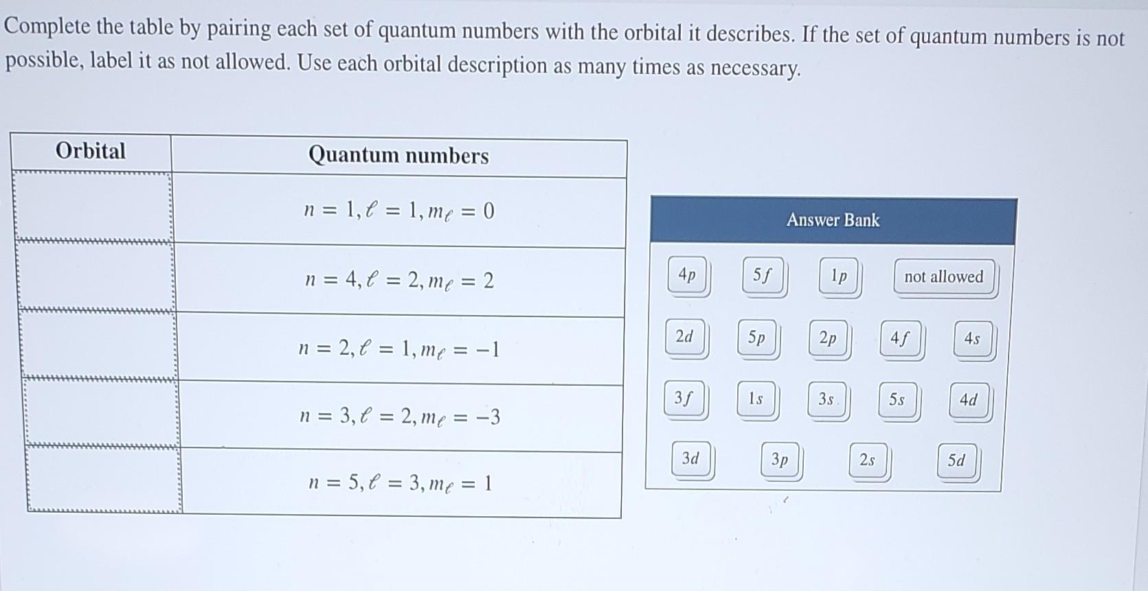  Complete the table by pairing each set of quantum numbers with