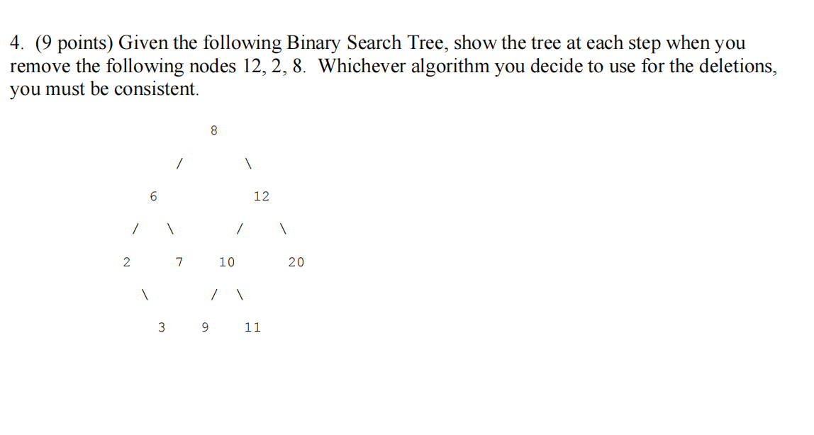  (9 points) Given the following Binary Search Tree, show the tree