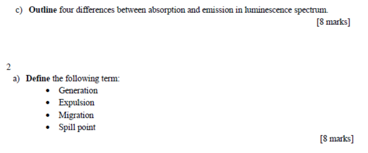  c) Outline four differences between absorption and emission in luminescence spectrum.