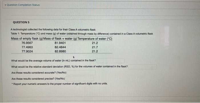 5..6 please question 5 A technologist collected the following data for their