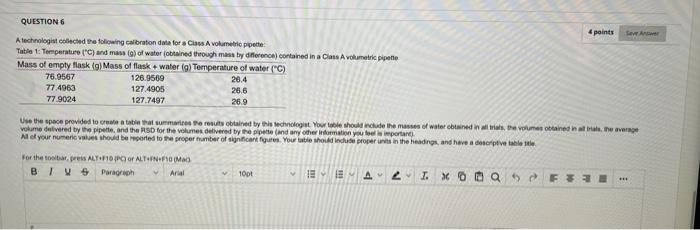 Class A volumetric flask: Table 1: Temperature ("C) and mass ( g