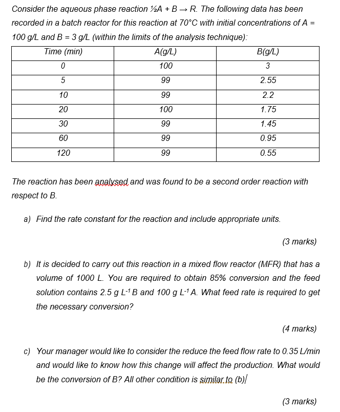 + = Consider the aqueous phase reaction 72A + B R.