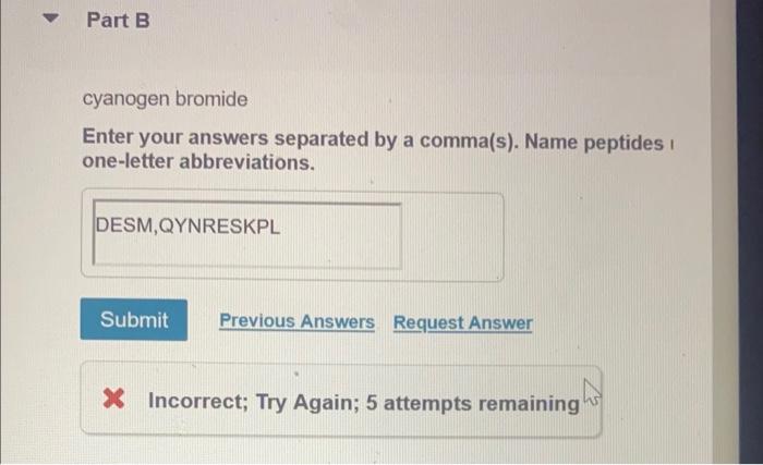 comma(s). Name peptides I one-letter abbreviations. 23 Incorrect; Try Again; 5 attempts