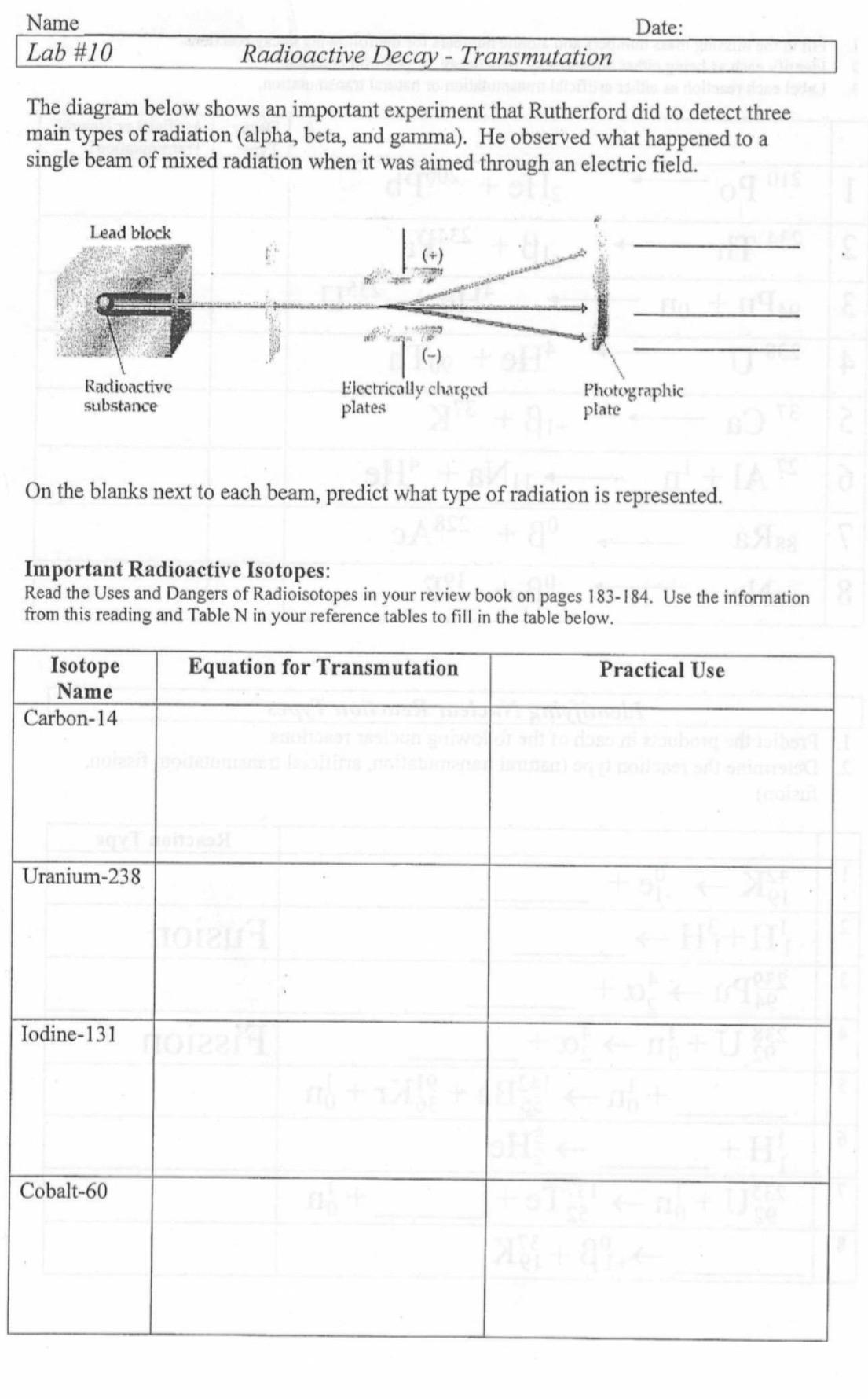  Name Date: Lab #10 Radioactive Decay - Transmutation The diagram below