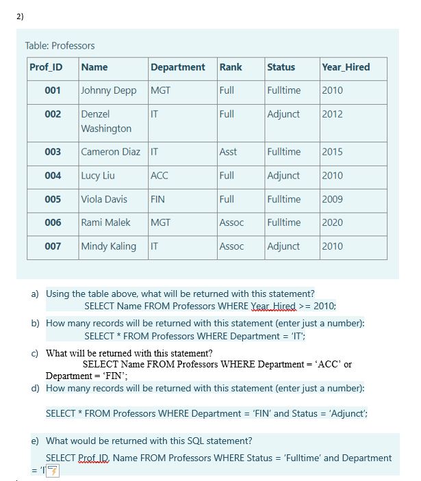  NEED ASASP PLEASE! Table: Professors (see picture) a) Using the table