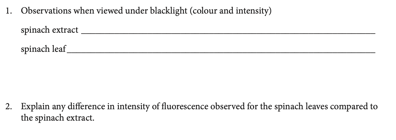  1. Observations when viewed under blacklight (colour and intensity) spinach extract