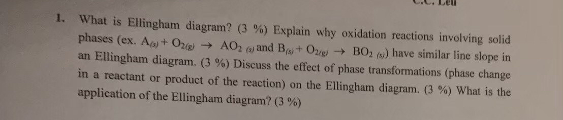  What is Ellingham diagram? (3%) Explain why oxidation reactions involving solid