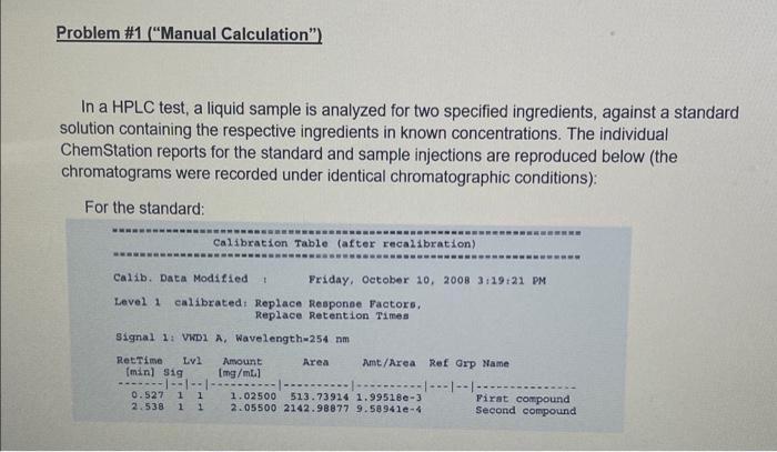  Problem #1 (Manual Calculation") In a HPLC test, a liquid sample