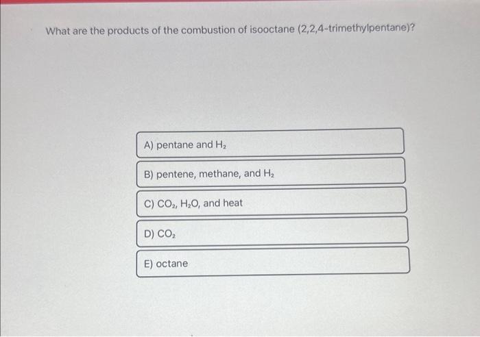are the products of the combustion of isooctane (2,2,4-trimethylpentane)? Classify the reaction