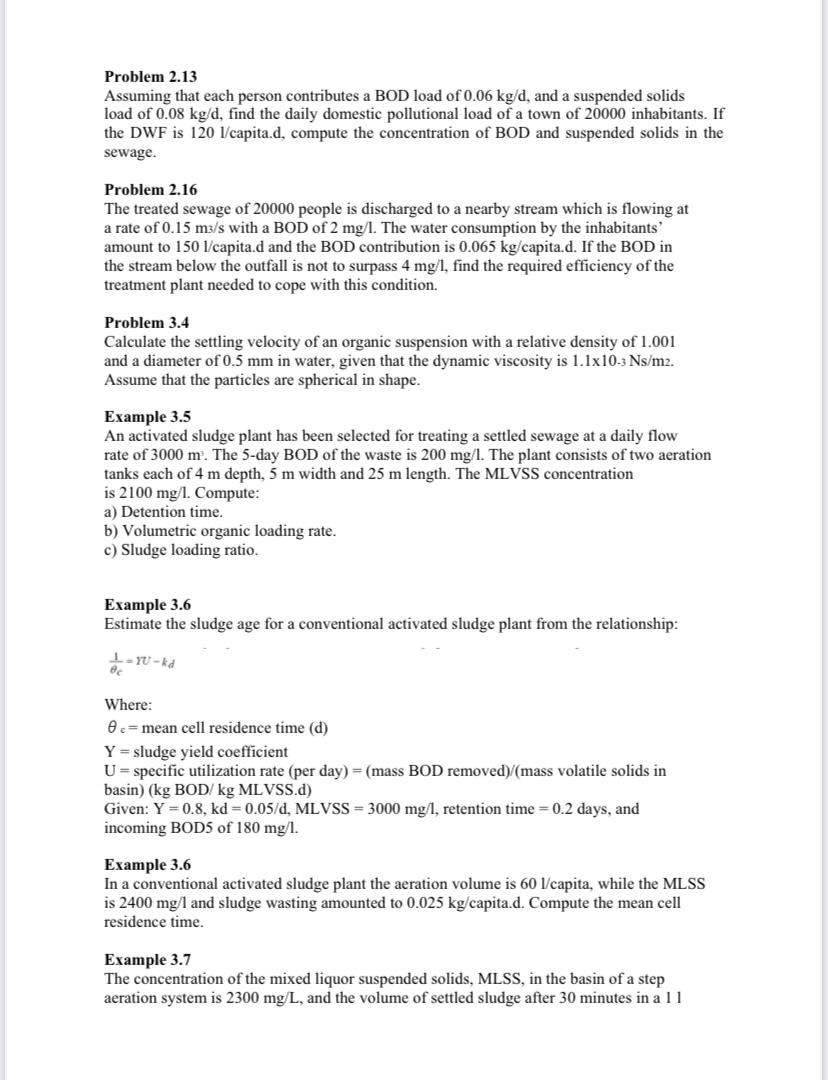 Problem 2.13 Assuming that each person contributes a BOD load of