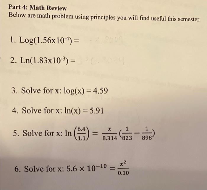  Part 4: Math Review Below are math problem using principles you