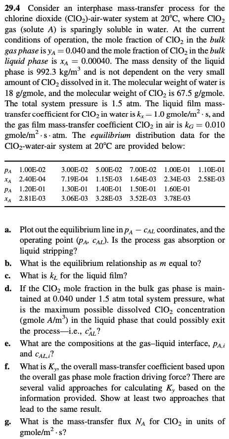 29.4 Consider an interphase mass-transfer process for the chlorine dioxide (CIO2)-air-water
