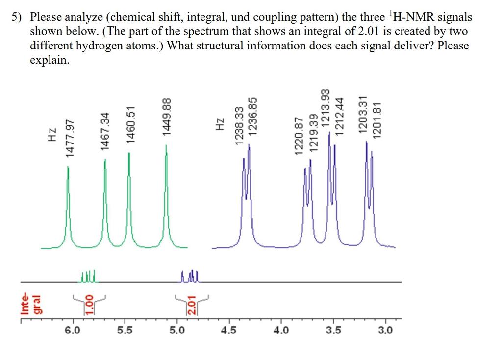  5) Please analyze (chemical shift, integral, und coupling pattern) the three