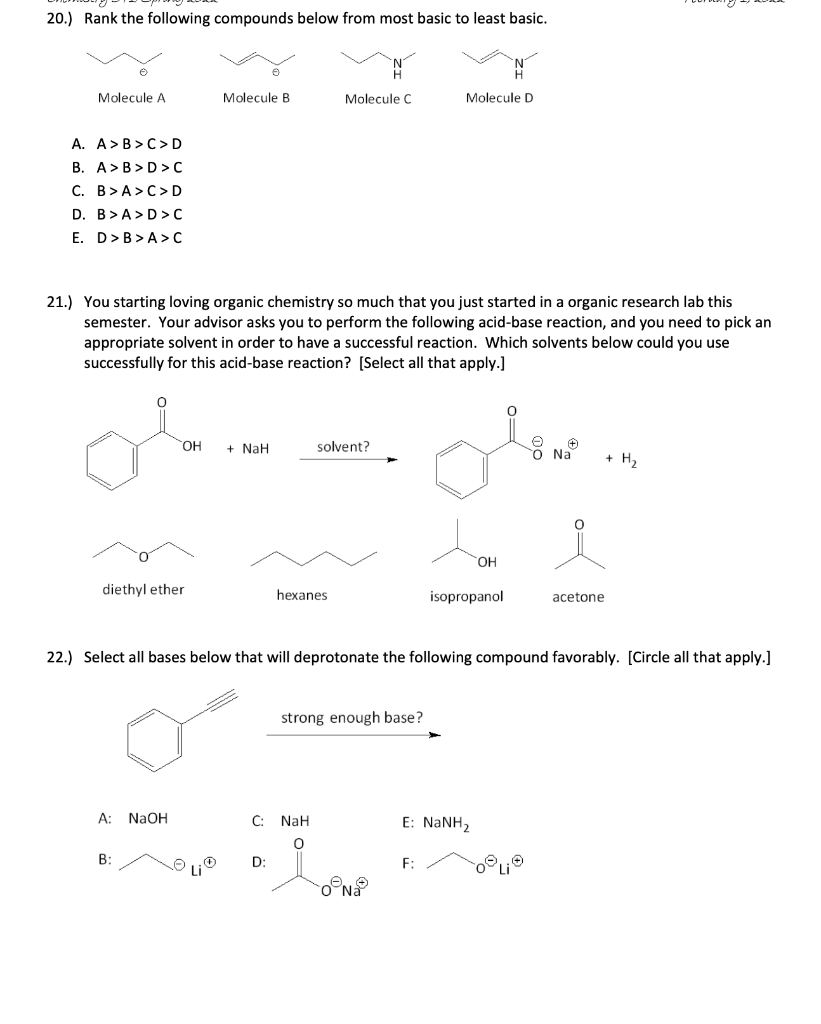  20.) Rank the following compounds below from most basic to least