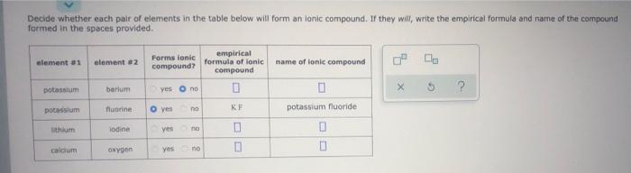  Decide whether each pair of elements in the table below will