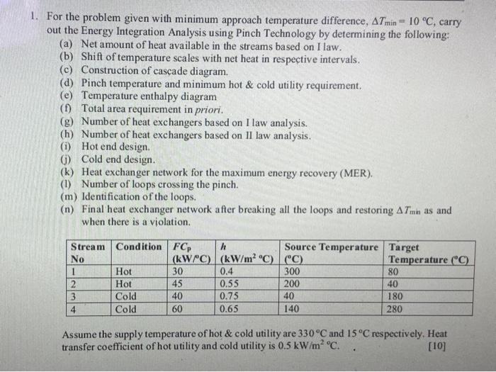  1. For the problem given with minimum approach temperature difference, Tmin=10C,