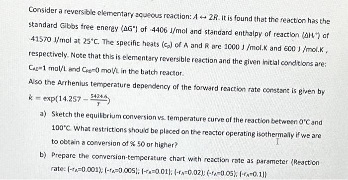  1.problem Consider a reversible elementary aqueous reaction: A2R. It is found