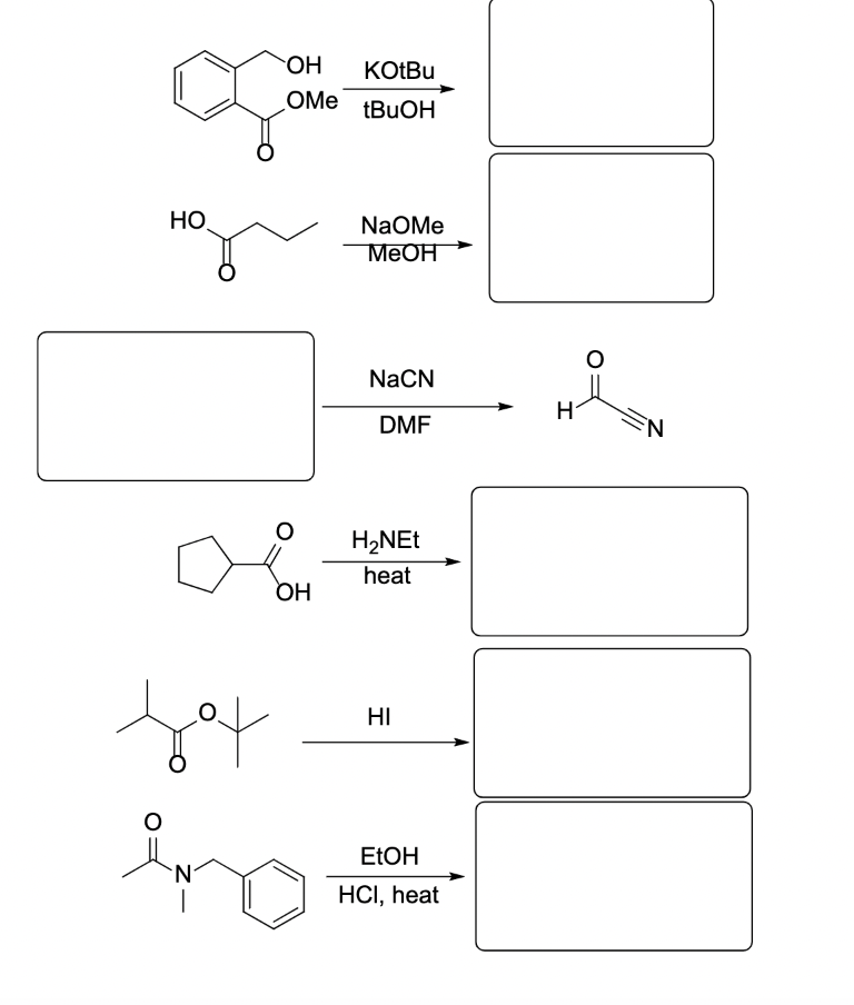 Complete the following reaction schemes by adding the appropriate reactant(s), reagent(s), conditions,
