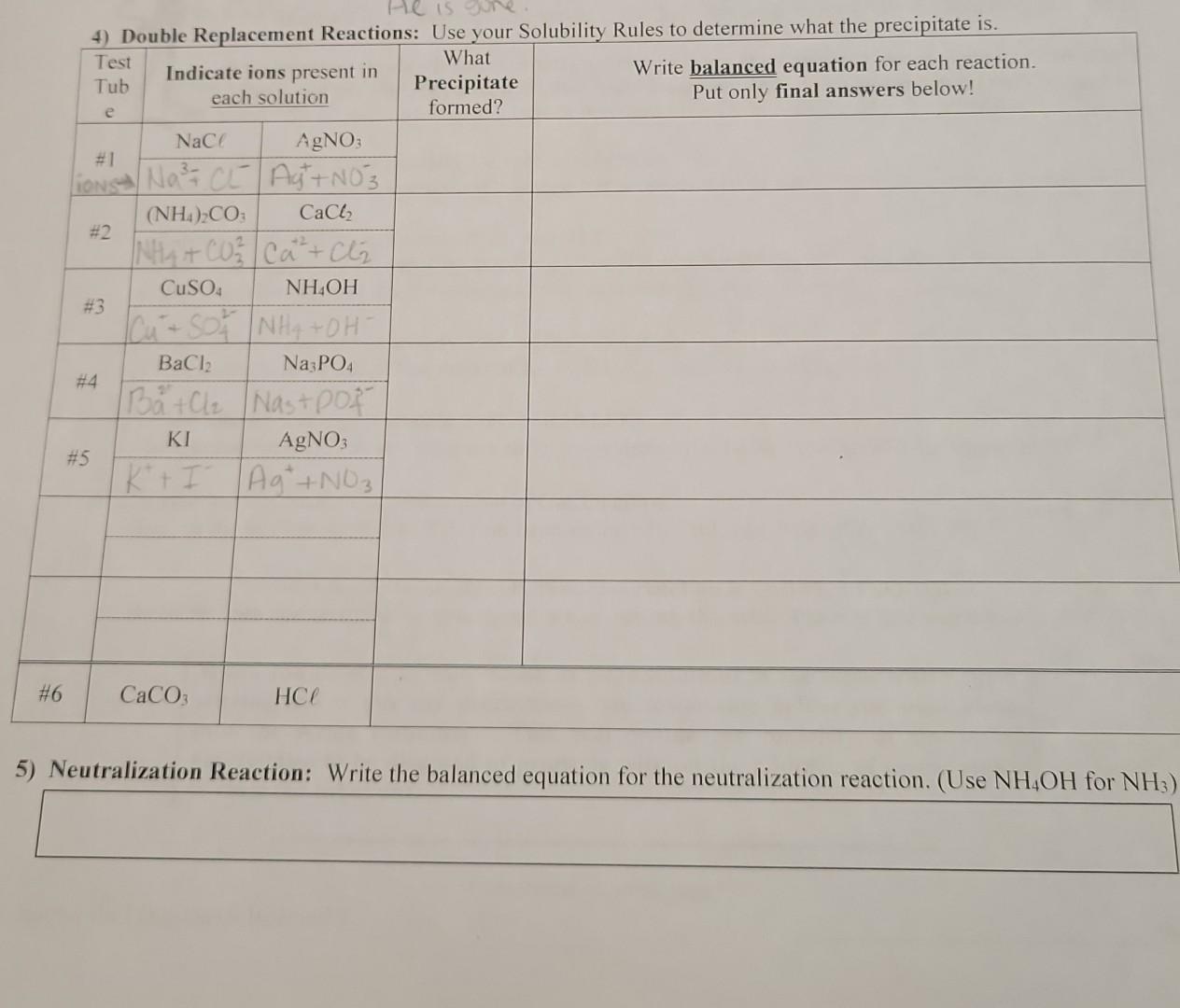  help with 4. 5 lab 4) Double Replacement Reactions: Use your