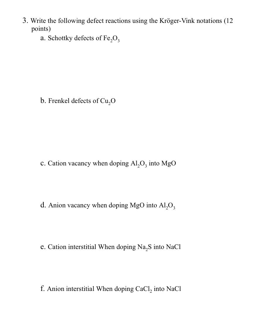  3. Write the following defect reactions using the Krger-Vink notations (12