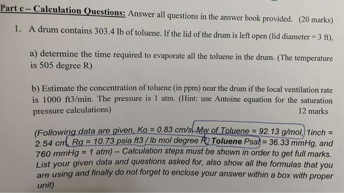  Part c- Calculation Questions: Answer all questions in the answer book