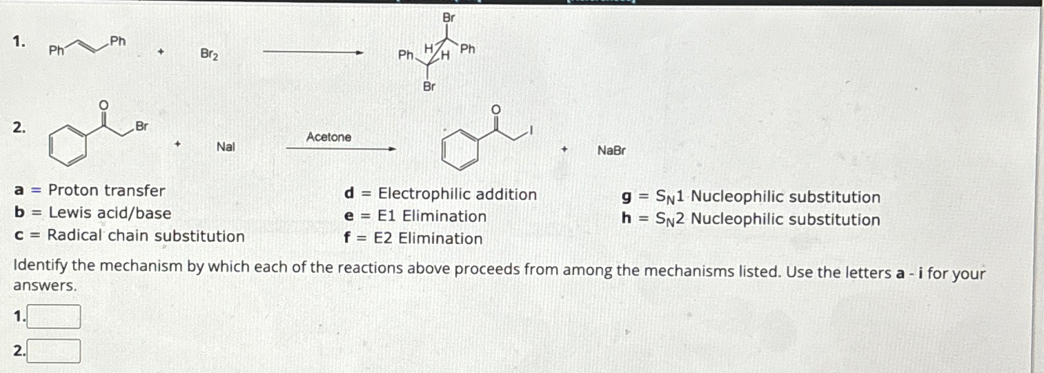  a= Proton transfer b= Lewis acid/base c= Radical chain substitution d