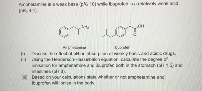 Amphetamine is a weak base (pKa10) while ibuprofen is a relatively