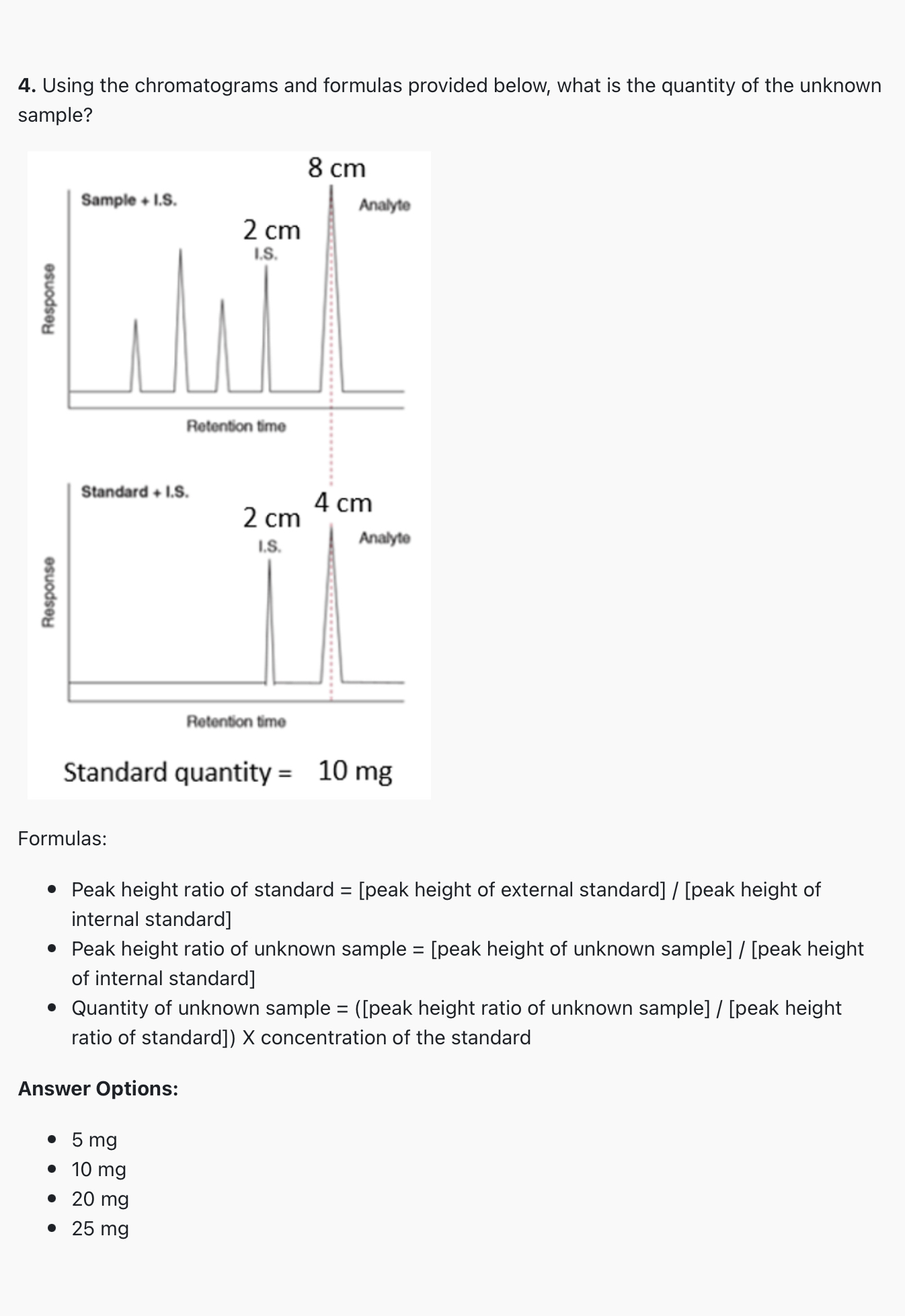  Using the chromatograms and formulas provided below, what is the quantity