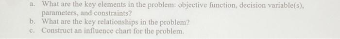 the problem: objective function, decision variable(s), parameters, and constraints? b. What are