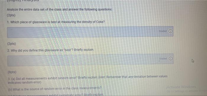 of glassware Mass of beaker + liquid Sample (9) Graduated cylinder Coke