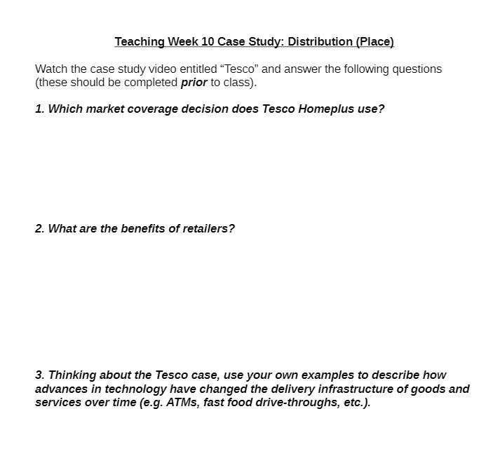 Teaching Week 10 Case Study: Distribution (Place) Watch the case study