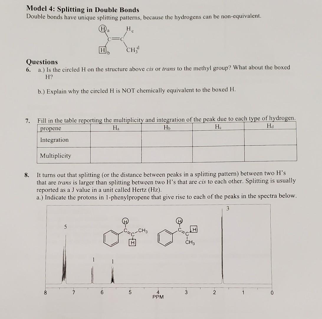  Model 4: Splitting in Double Bonds Double bonds have unique splitting