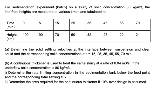 For sedimentation experiment (batch) on a slurry of solid concentration 30