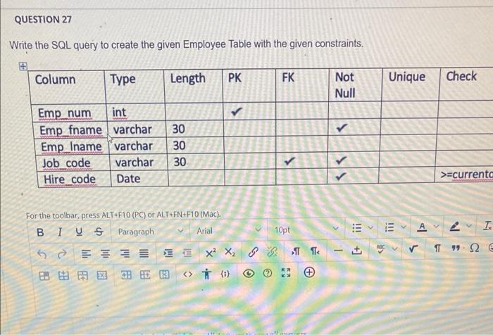  QUESTION 27 Write the SQL query to create the given Employee