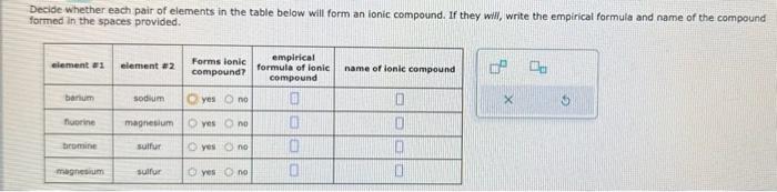  Decide whether each pair of elements in the table below will