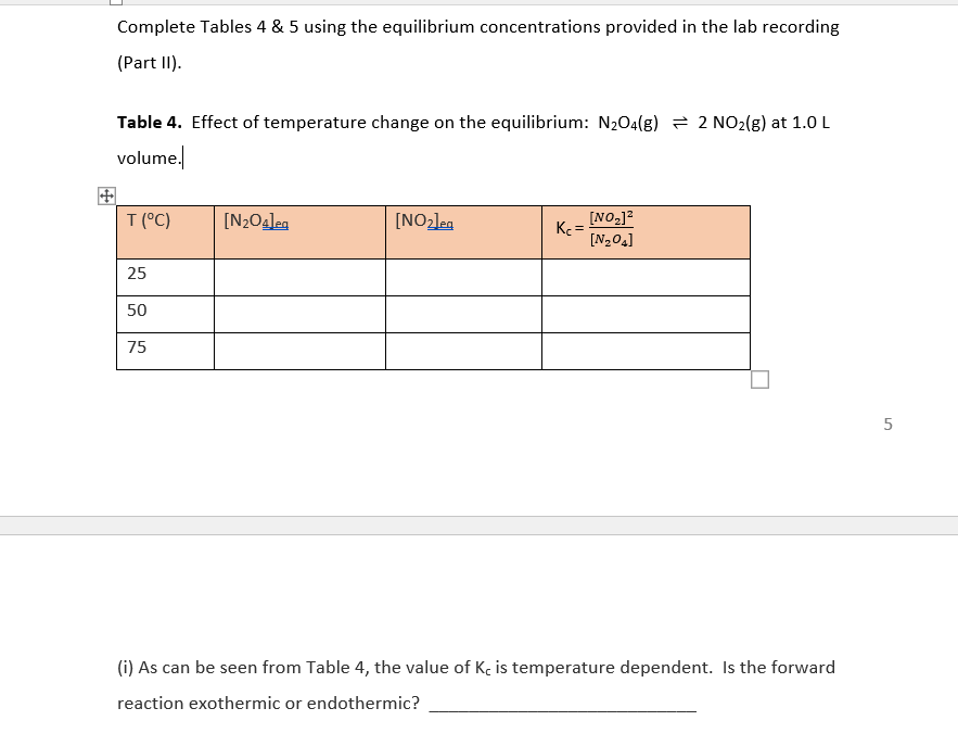  Complete Tables 4 & 5 using the equilibrium concentrations provided in