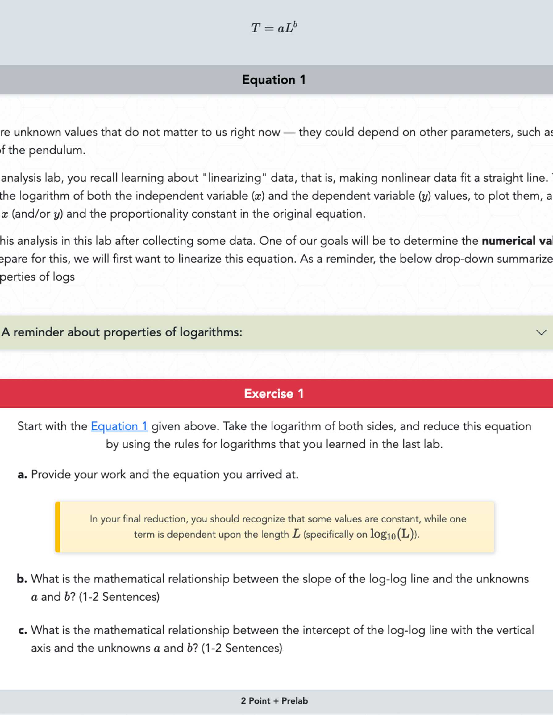  T=aLb Equation 1 Exercise 1 Start with the Equation 1 given