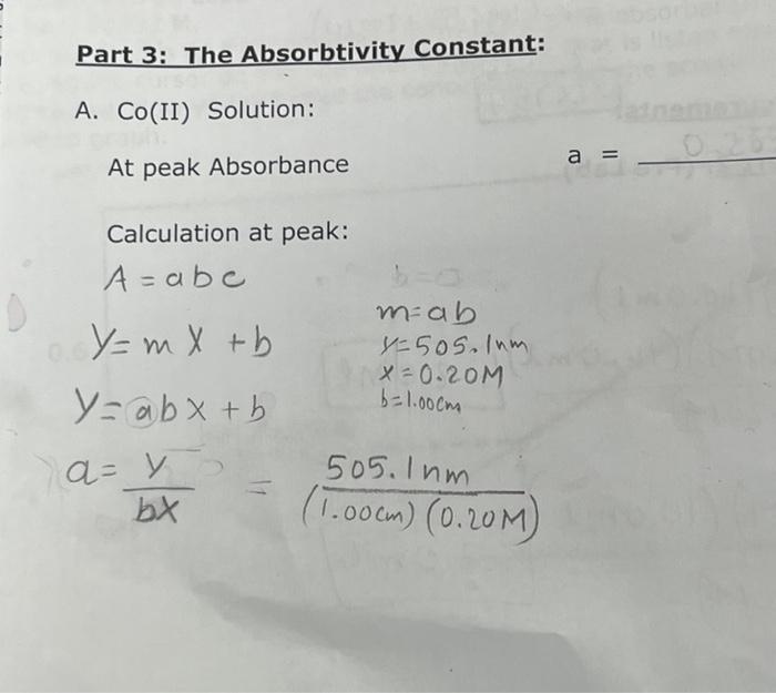  Part 3: The Absorbtivity Constant: A. CO(II) Solution: a = At