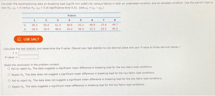  Consider the accompanying data on breaking load (kg/25 mm width) for