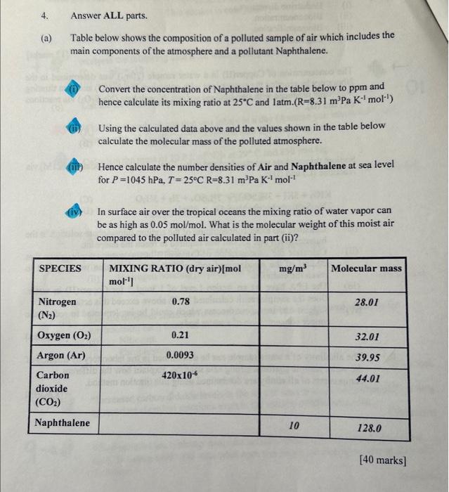  4. Answer ALL parts. (a) Table below shows the composition of