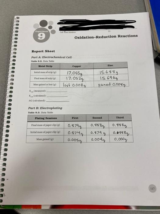 what is the Ecell measured, Ecell calculated and delta G calculated? Experiment