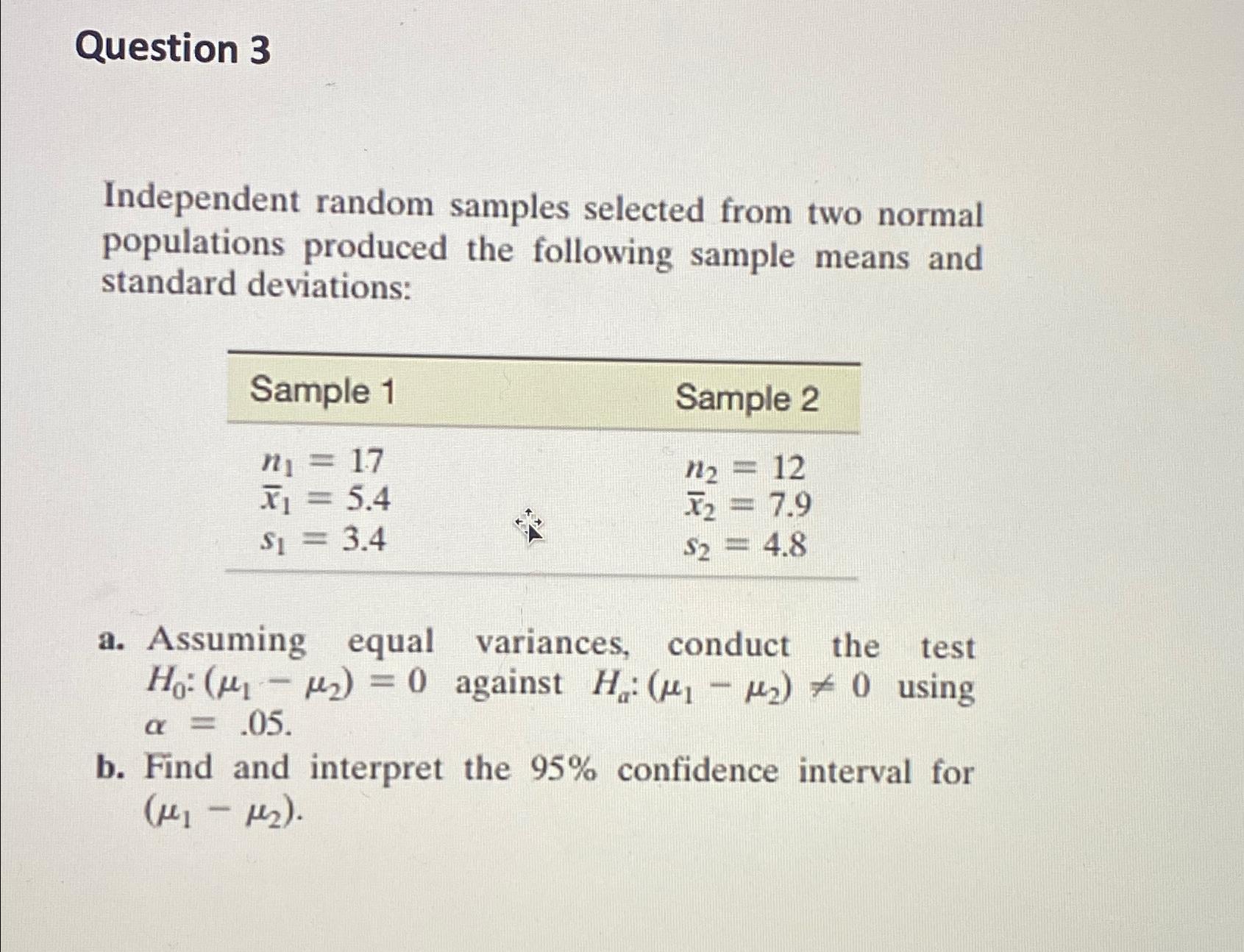  Question 3 Independent random samples selected from two normal populations produced