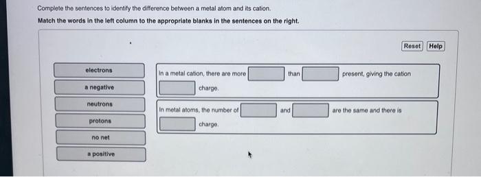  Complete the sentences to identify the difference between a metal atom