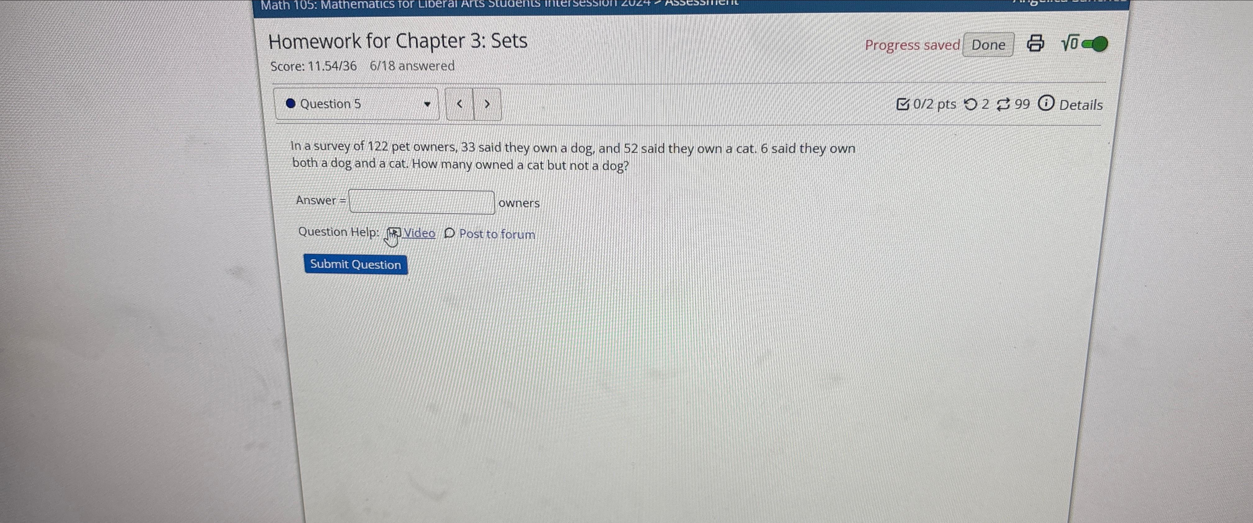  Homework for Chapter 3: Sets Progress saved Done 02 Score: 11.5436,618