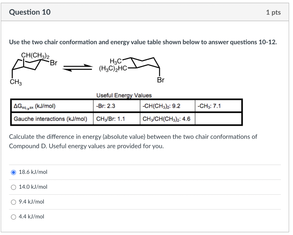  Use the two chair conformation and energy value table shown below
