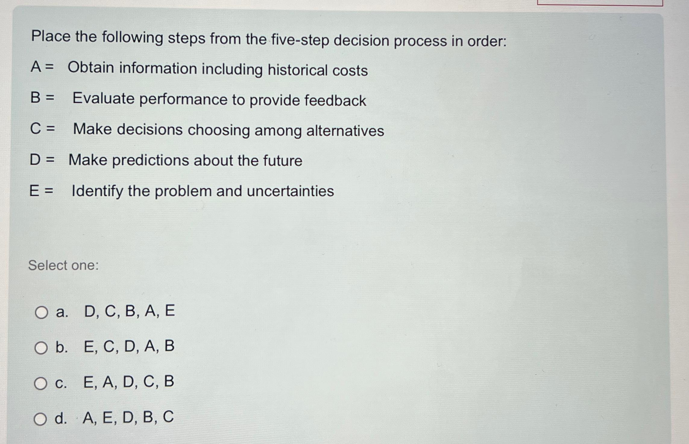  Place the following steps from the five-step decision process in order: